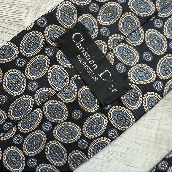 VINTAGE CHRISTIAN DIOR Elegant Blue Patterned Tie Paisley Floral - Picture 7 of 9